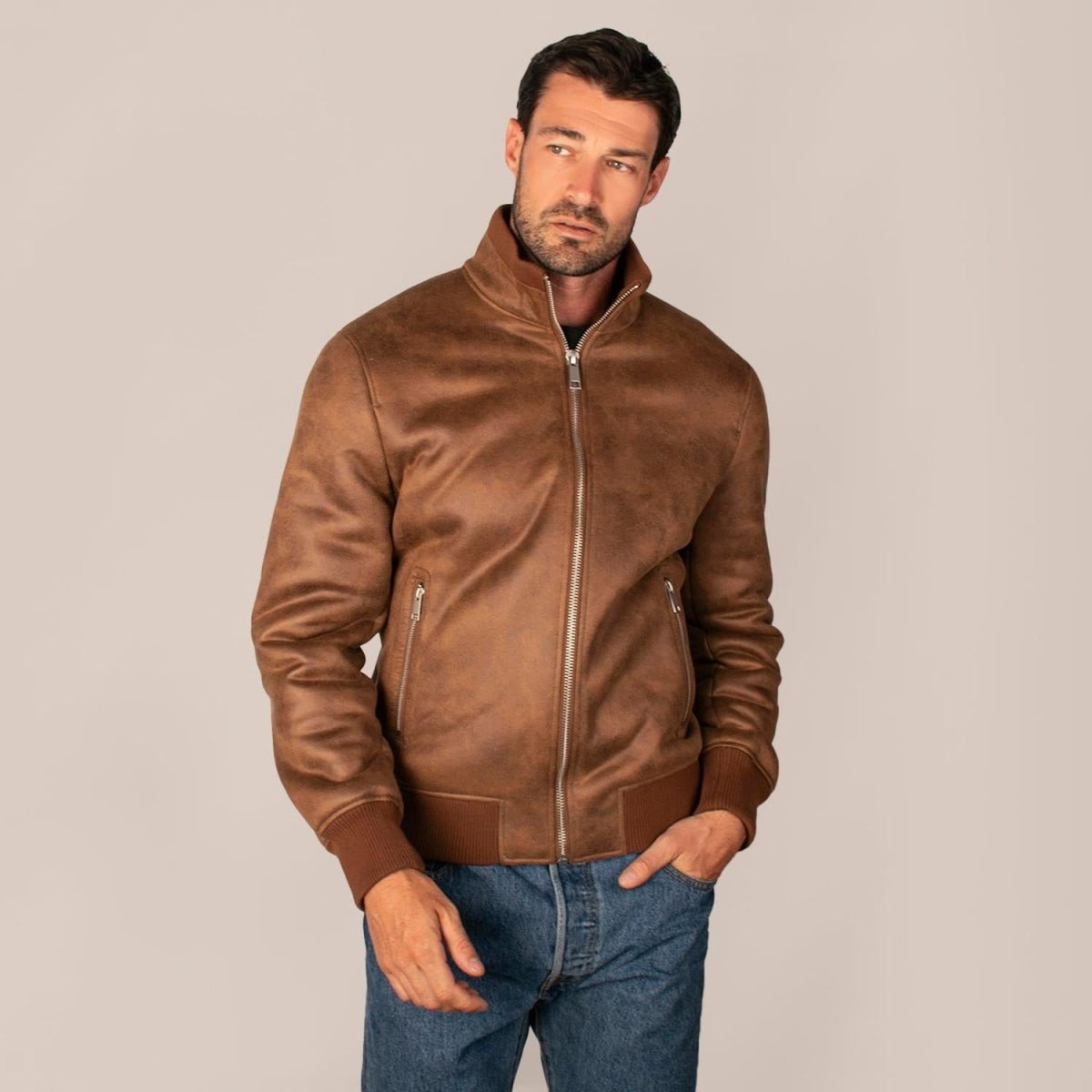 Chamarra Para Hombre De Gamuza Cuello Largo