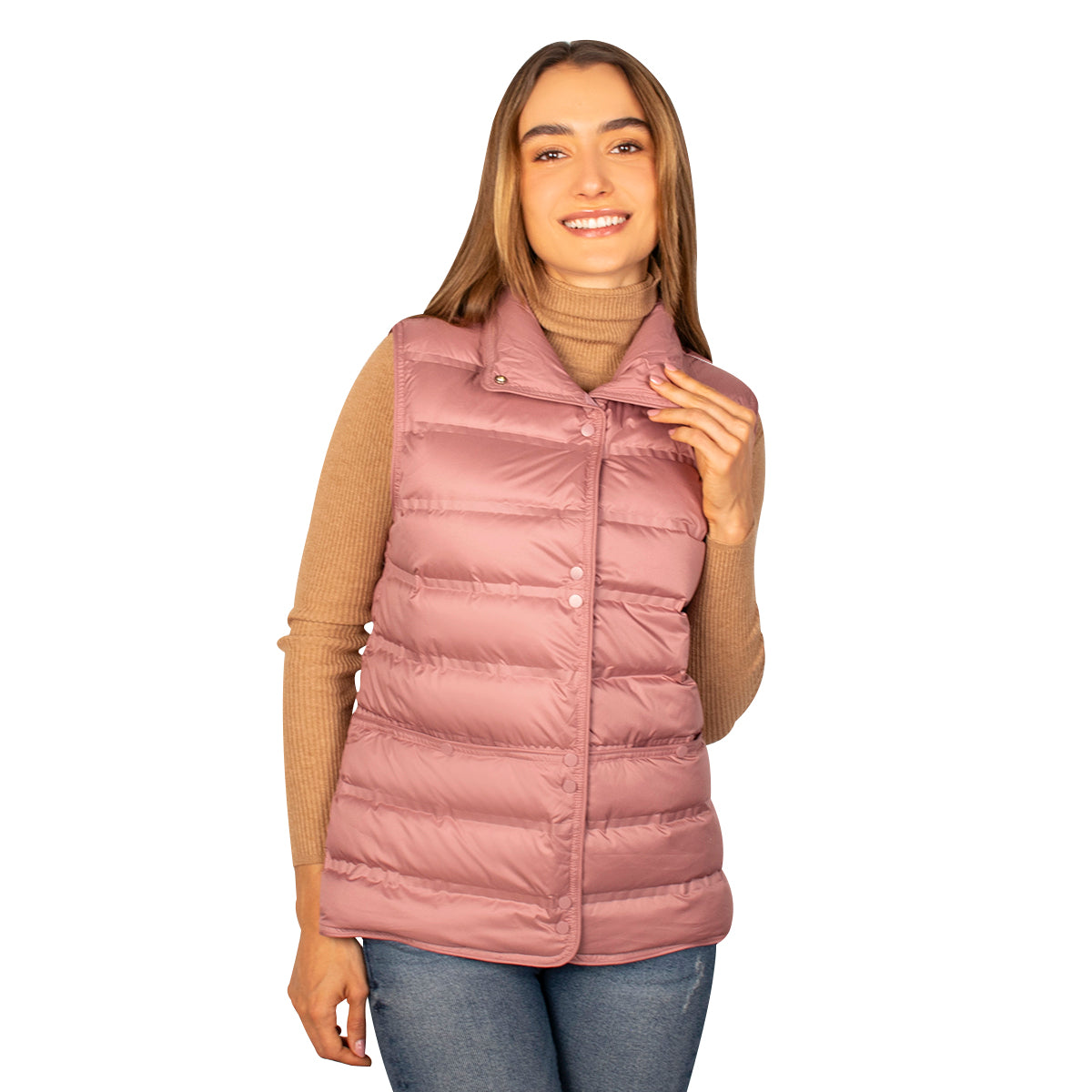 Chaleco Para Mujer Capitonado De Pluma Y Cuello Alto