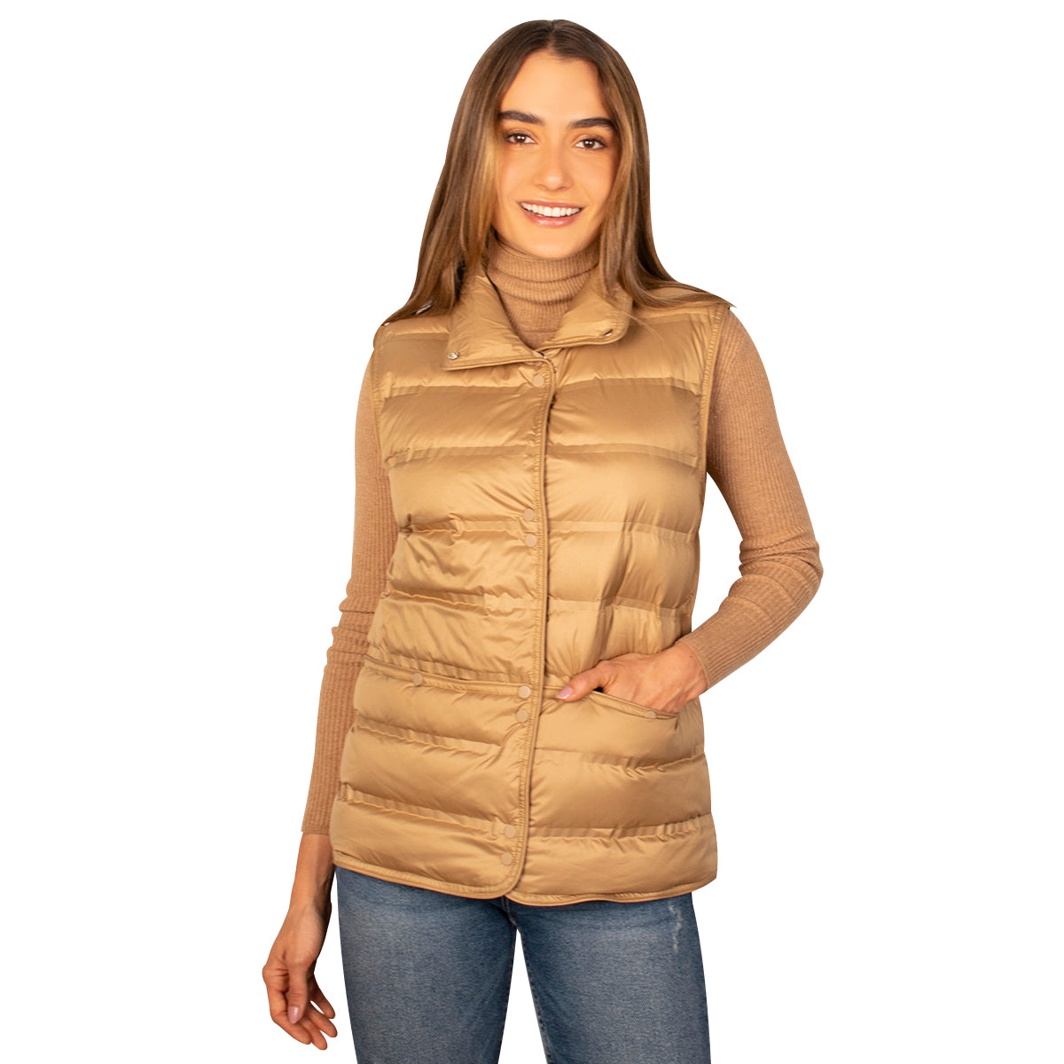 Chaleco Para Mujer Capitonado De Pluma Y Cuello Alto